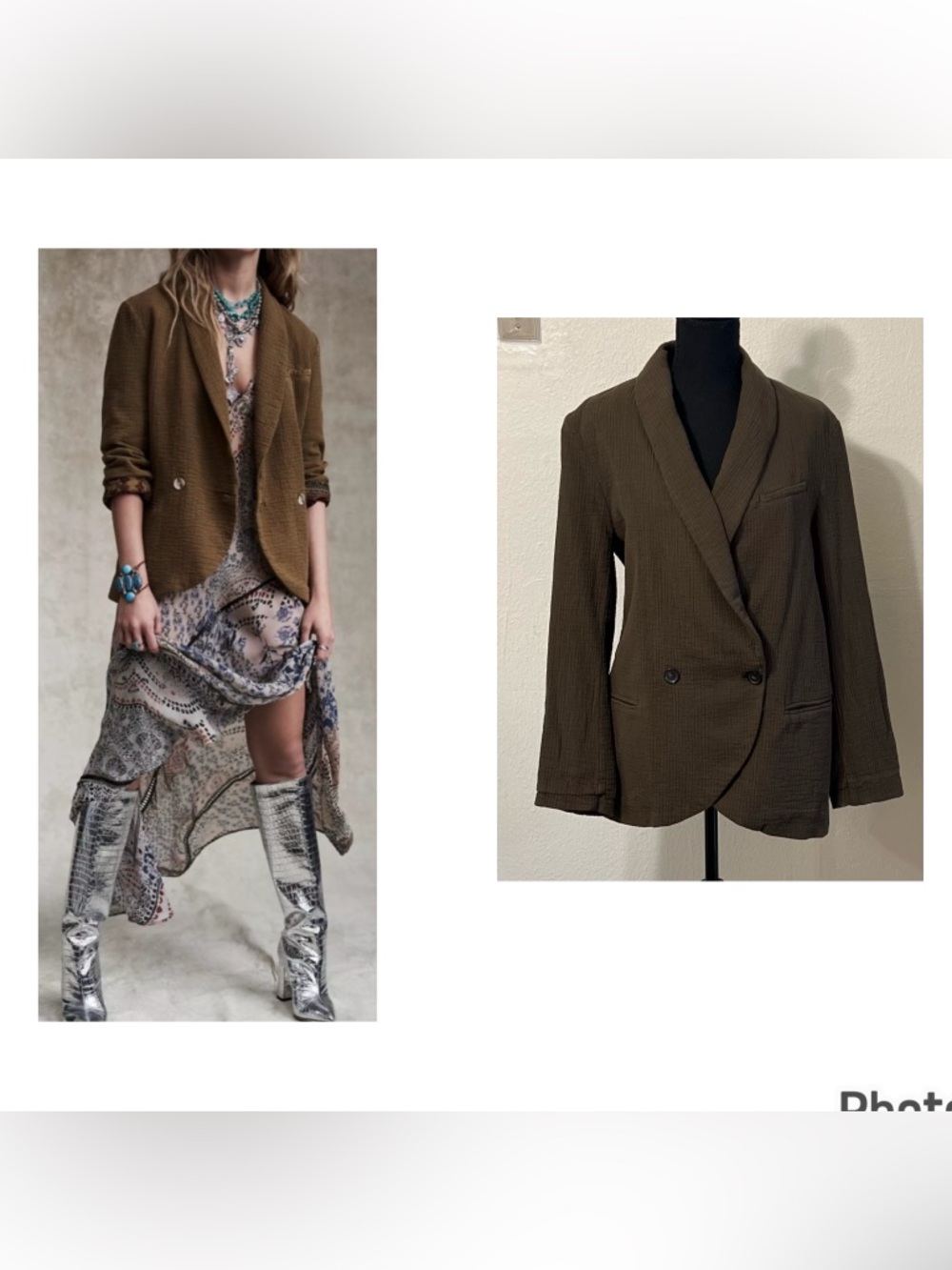 Free People Rowan Olive Brown Relaxed Double-Breasted Blazer Boho Oversized